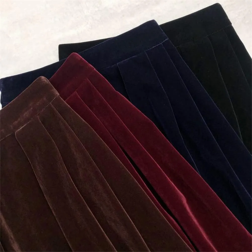 Women Autumn Winter Elastic Waist Skirt Velour A Line Skirt Retro Vintage Long Midi Skirt