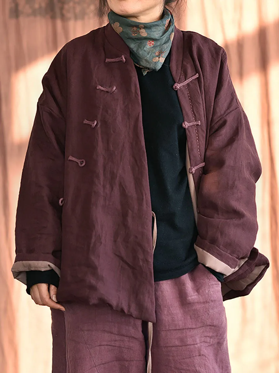 Women Chinese Style Frog Solid Pocket Linen Padded Coat