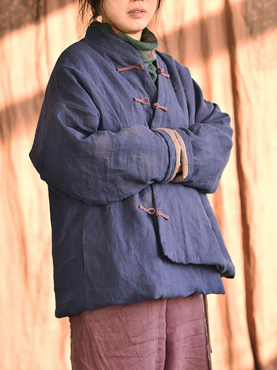 Women Chinese Style Frog Solid Pocket Linen Padded Coat
