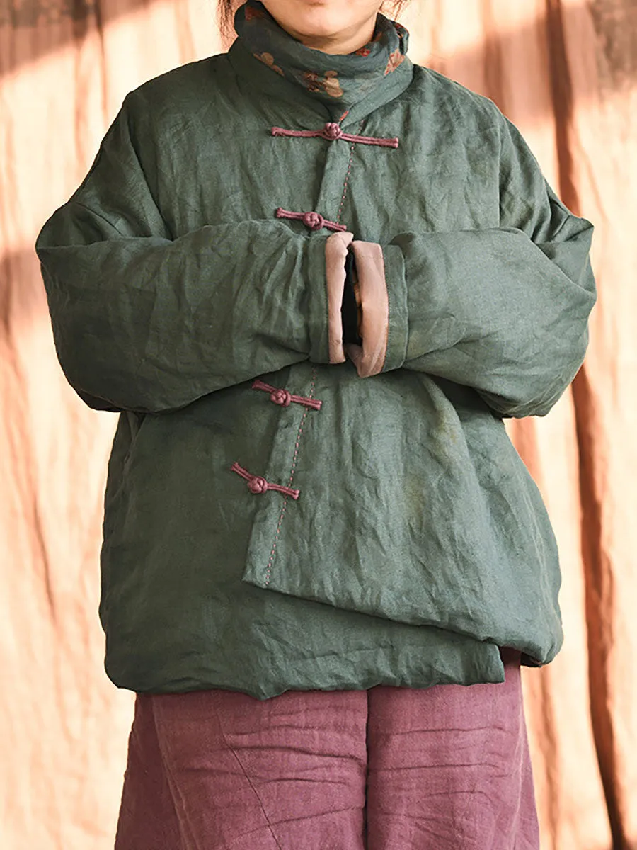 Women Chinese Style Frog Solid Pocket Linen Padded Coat
