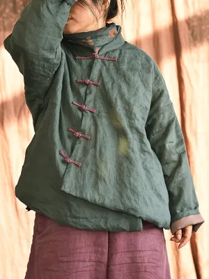 Women Chinese Style Frog Solid Pocket Linen Padded Coat