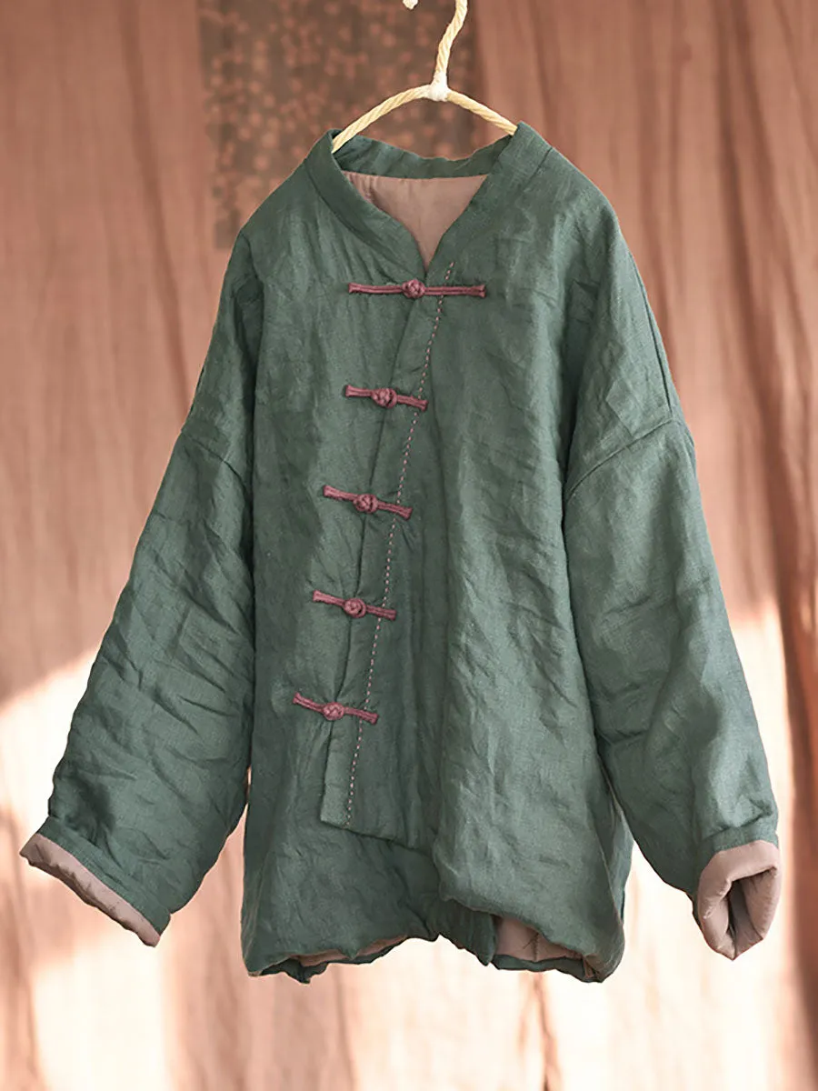 Women Chinese Style Frog Solid Pocket Linen Padded Coat