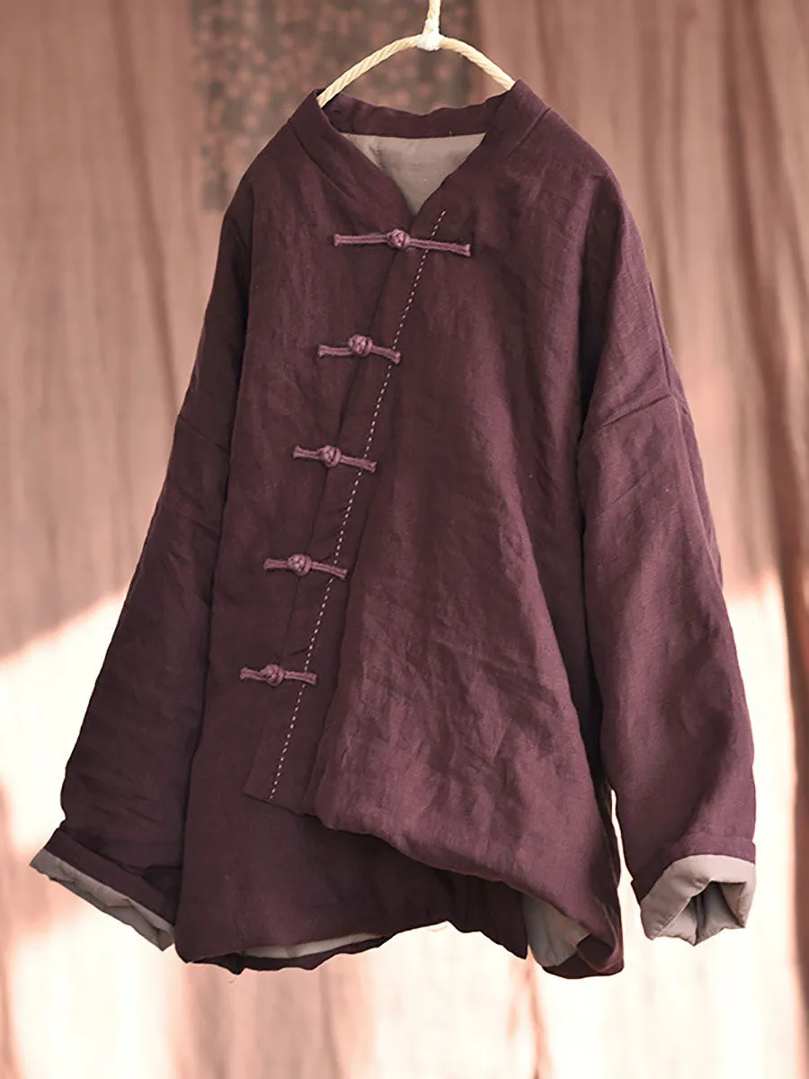 Women Chinese Style Frog Solid Pocket Linen Padded Coat