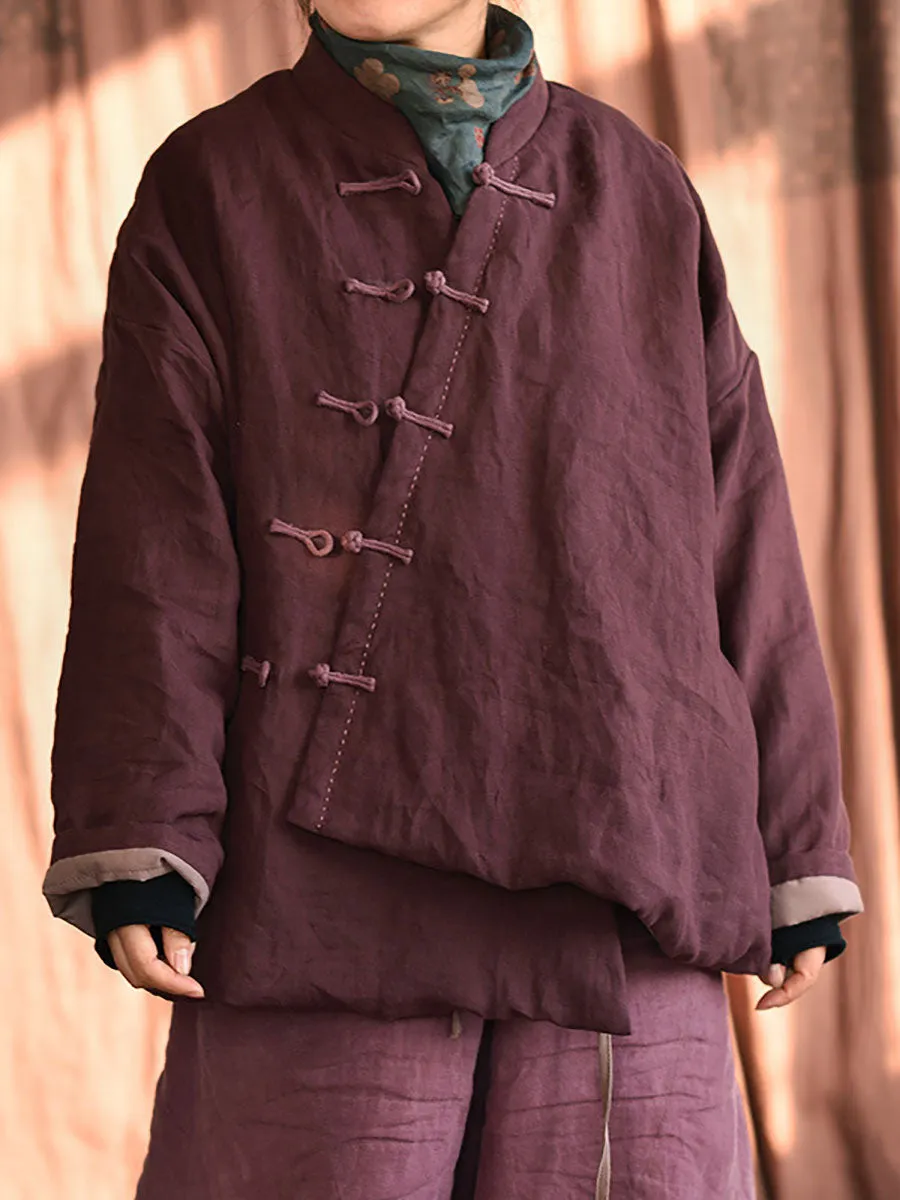 Women Chinese Style Frog Solid Pocket Linen Padded Coat