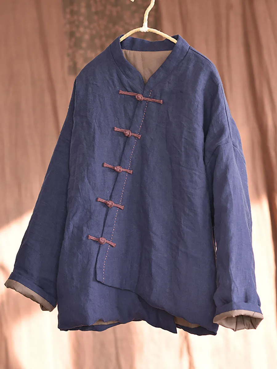 Women Chinese Style Frog Solid Pocket Linen Padded Coat