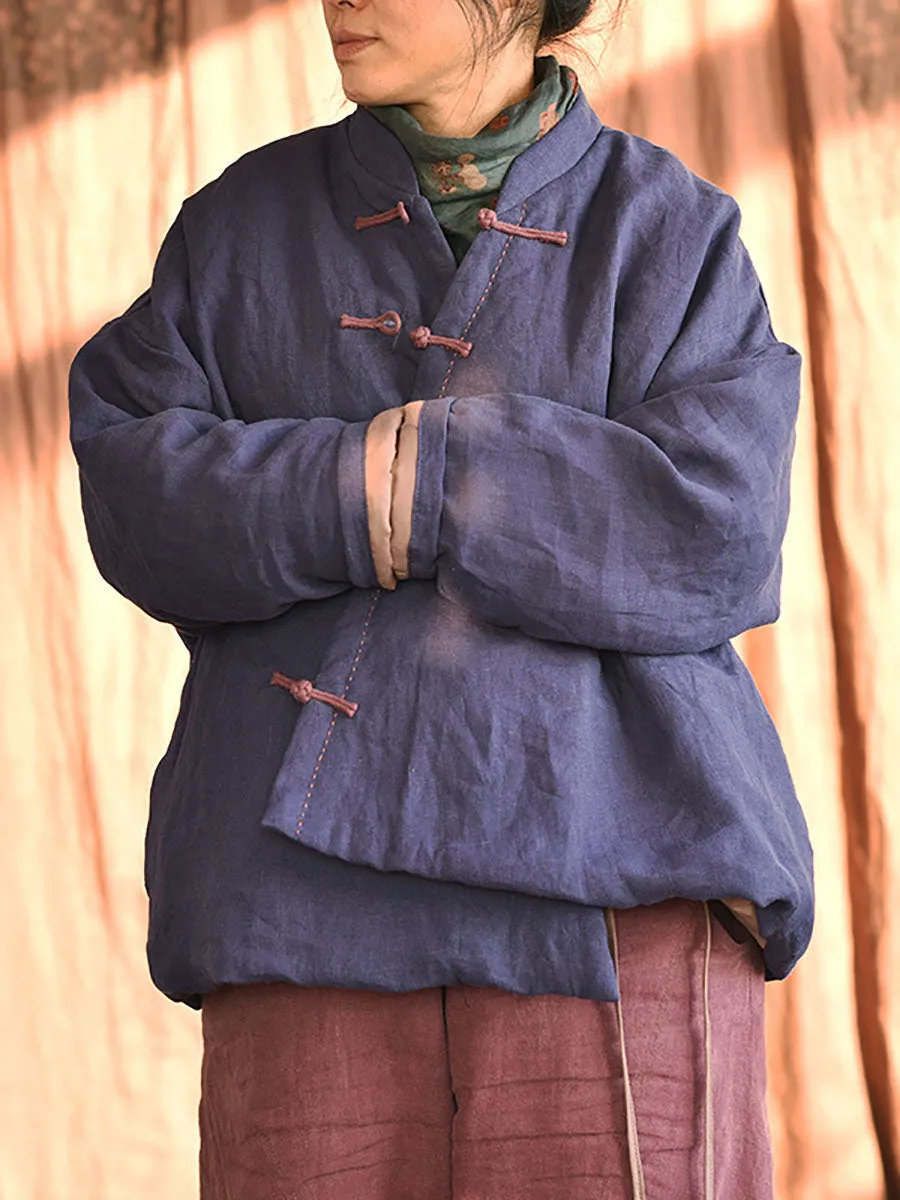 Women Chinese Style Frog Solid Pocket Linen Padded Coat