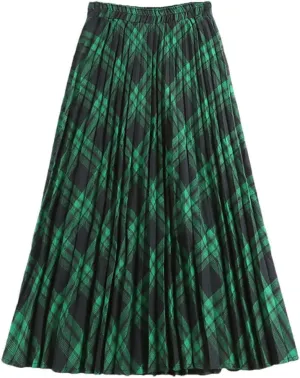Women Cotton Plaid Skirt Elastic Waist Christmas Midi Long Pleated Skirts