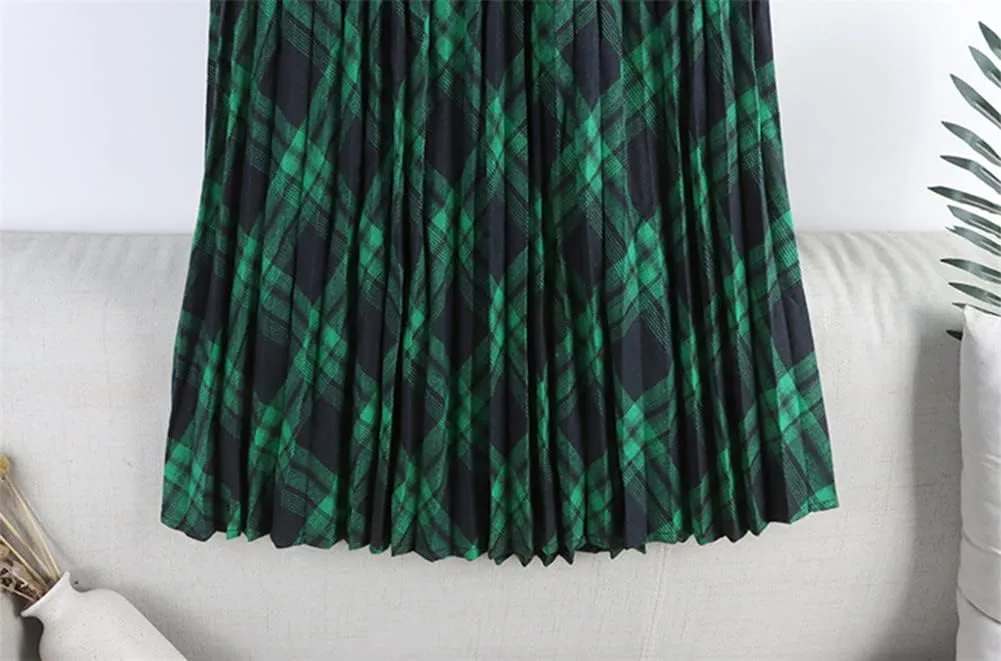 Women Cotton Plaid Skirt Elastic Waist Christmas Midi Long Pleated Skirts