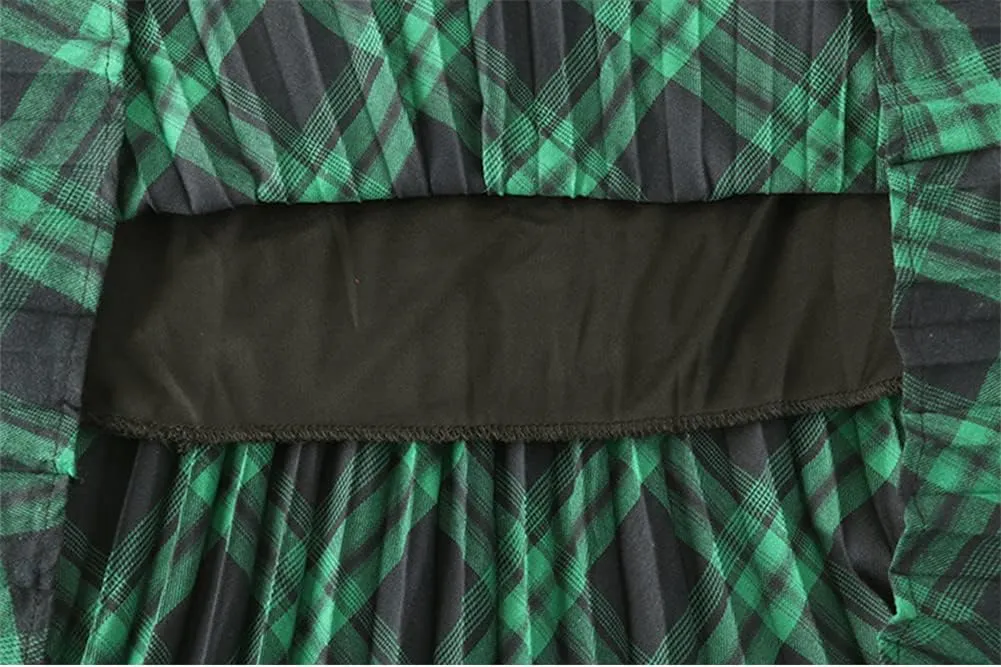 Women Cotton Plaid Skirt Elastic Waist Christmas Midi Long Pleated Skirts