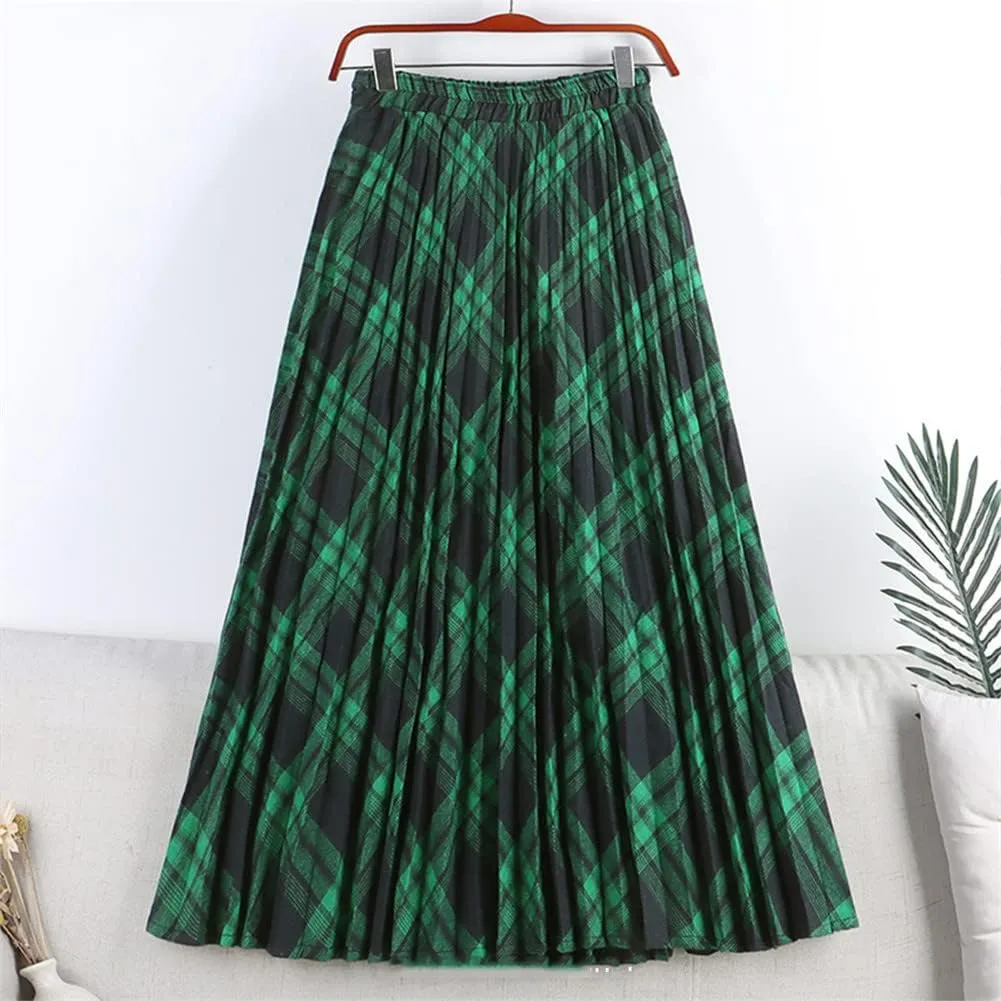 Women Cotton Plaid Skirt Elastic Waist Christmas Midi Long Pleated Skirts