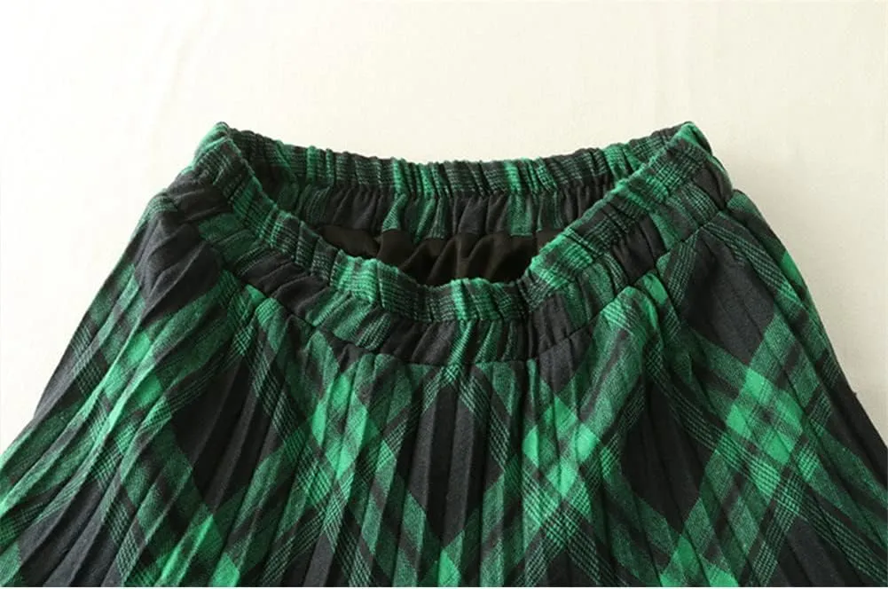 Women Cotton Plaid Skirt Elastic Waist Christmas Midi Long Pleated Skirts