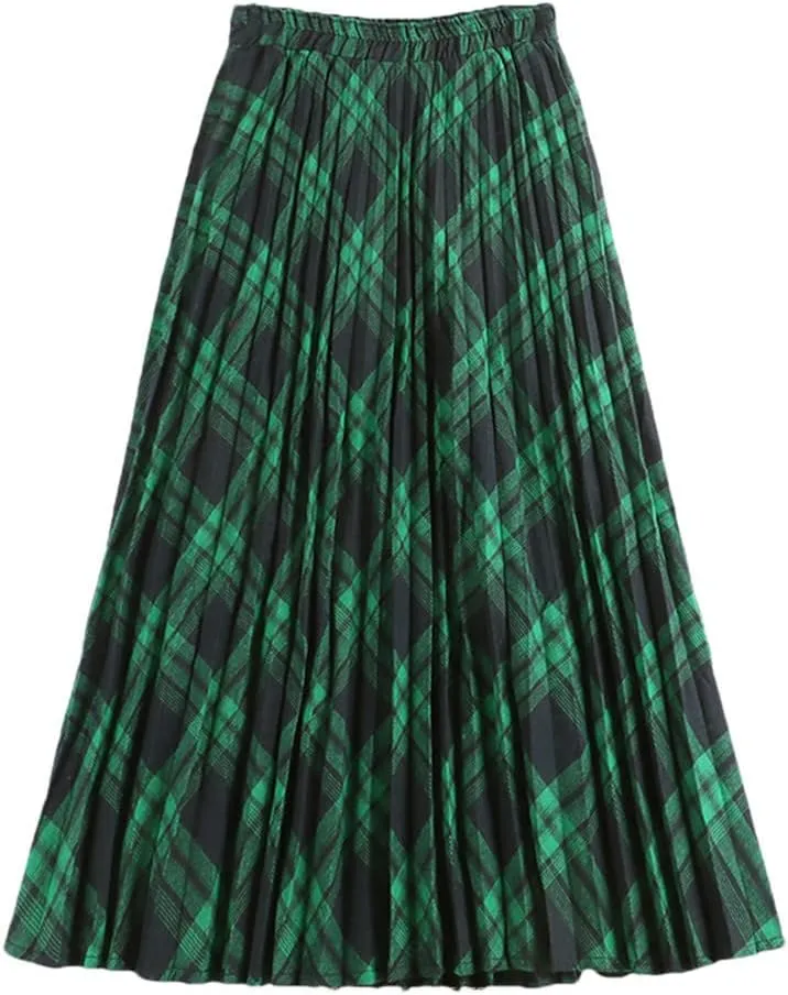 Women Cotton Plaid Skirt Elastic Waist Christmas Midi Long Pleated Skirts