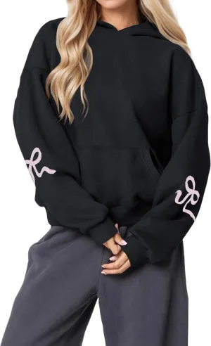 Women Cute Bow Hoodie Graphic Print Oversized Hooded Sweatshirts Long Sleeve Fleece Pullover Hoodie Tops with Pocket