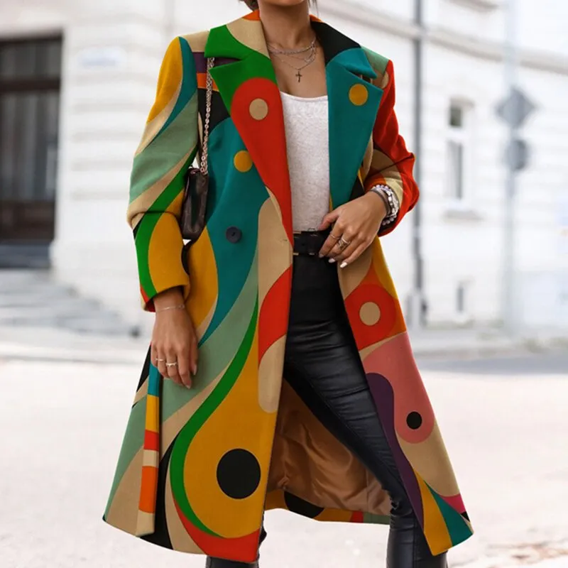 Women Elegant Lapel Winter Windbreaker Jackets Loose Casual Long Sleeve Outerwear Fashion Letter Pattern Print Long Trench Coats