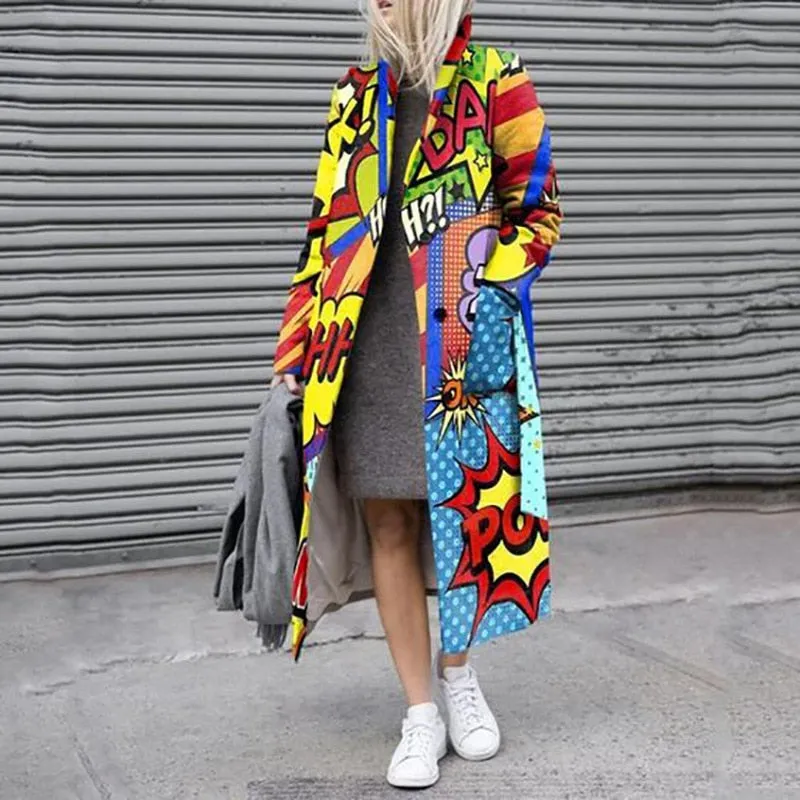 Women Elegant Lapel Winter Windbreaker Jackets Loose Casual Long Sleeve Outerwear Fashion Letter Pattern Print Long Trench Coats