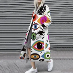 Women Elegant Lapel Winter Windbreaker Jackets Loose Casual Long Sleeve Outerwear Fashion Letter Pattern Print Long Trench Coats