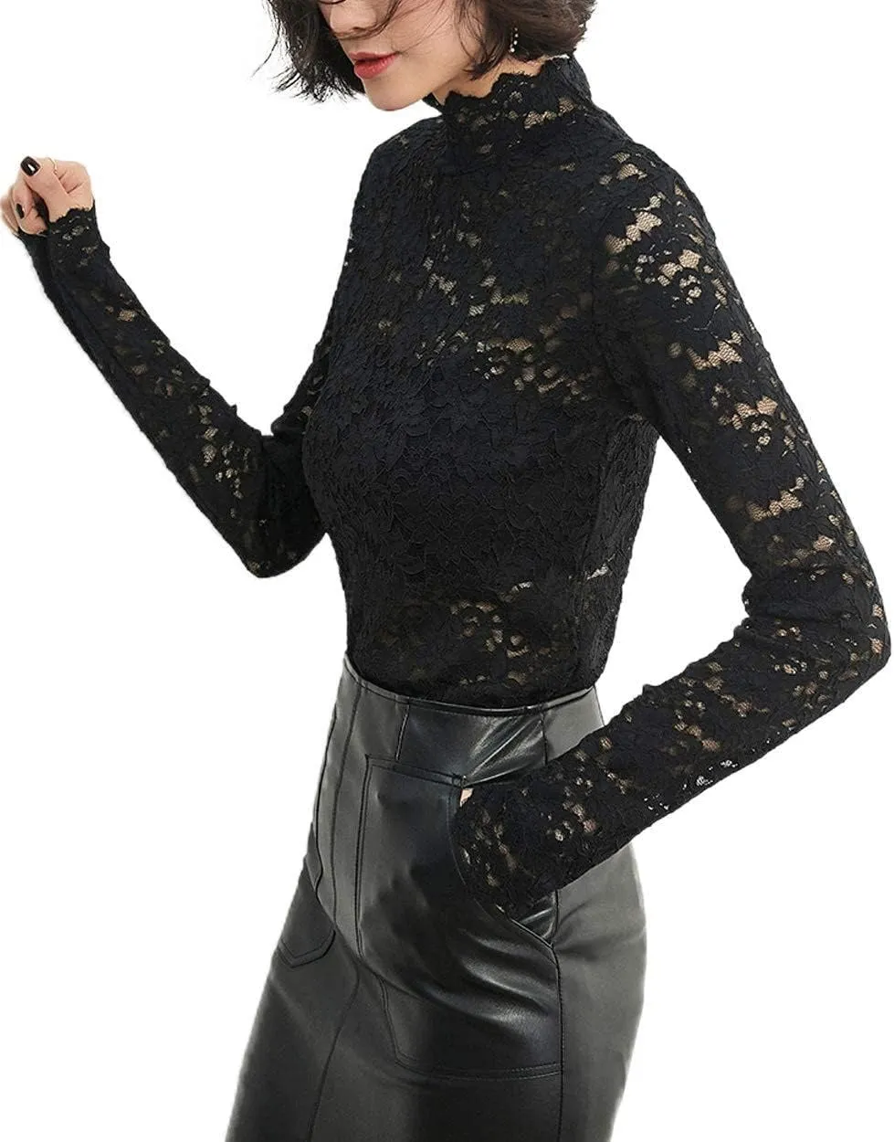 Women Floral Summer Lace Top Eyelash Trim Sexy Long Sleeves Plus Size Casual Dressy Shirt with Camisole Two Piece