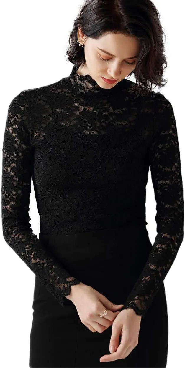 Women Floral Summer Lace Top Eyelash Trim Sexy Long Sleeves Plus Size Casual Dressy Shirt with Camisole Two Piece
