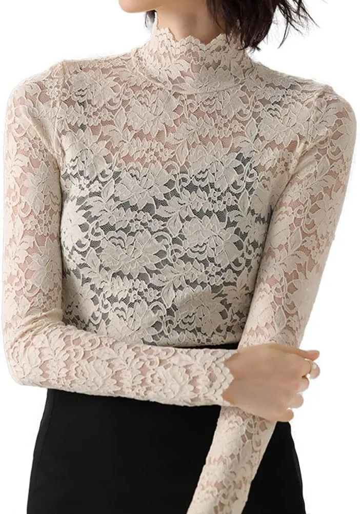 Women Floral Summer Lace Top Eyelash Trim Sexy Long Sleeves Plus Size Casual Dressy Shirt with Camisole Two Piece