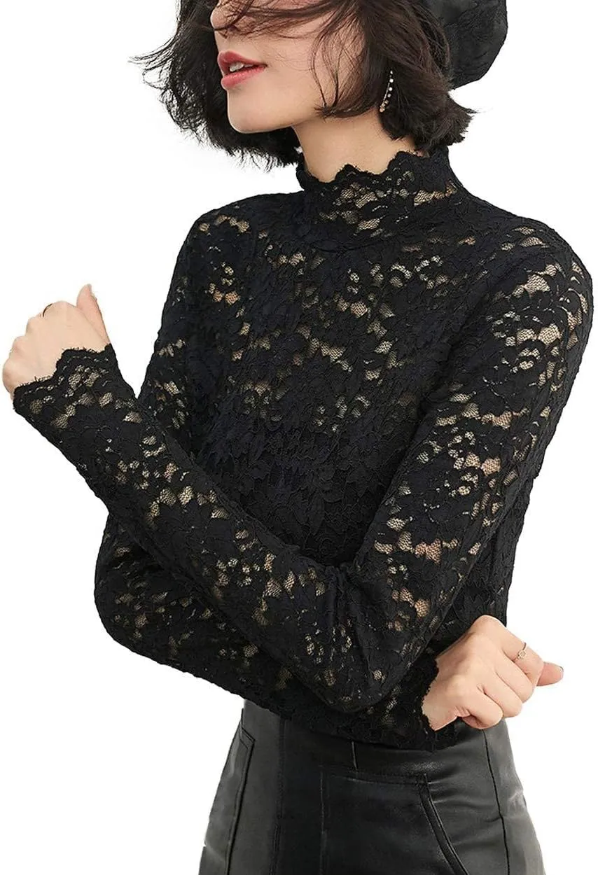 Women Floral Summer Lace Top Eyelash Trim Sexy Long Sleeves Plus Size Casual Dressy Shirt with Camisole Two Piece