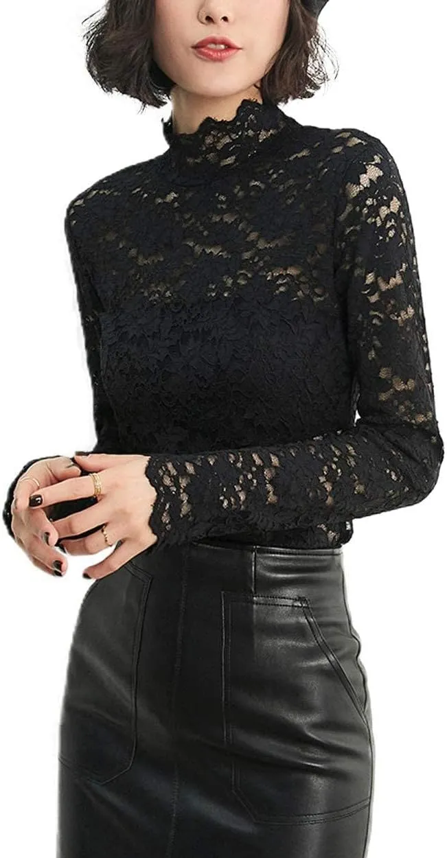 Women Floral Summer Lace Top Eyelash Trim Sexy Long Sleeves Plus Size Casual Dressy Shirt with Camisole Two Piece