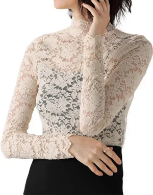 Women Floral Summer Lace Top Eyelash Trim Sexy Long Sleeves Plus Size Casual Dressy Shirt with Camisole Two Piece