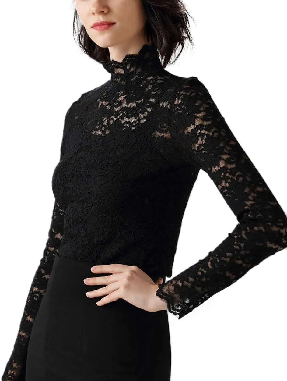 Women Floral Summer Lace Top Eyelash Trim Sexy Long Sleeves Plus Size Casual Dressy Shirt with Camisole Two Piece