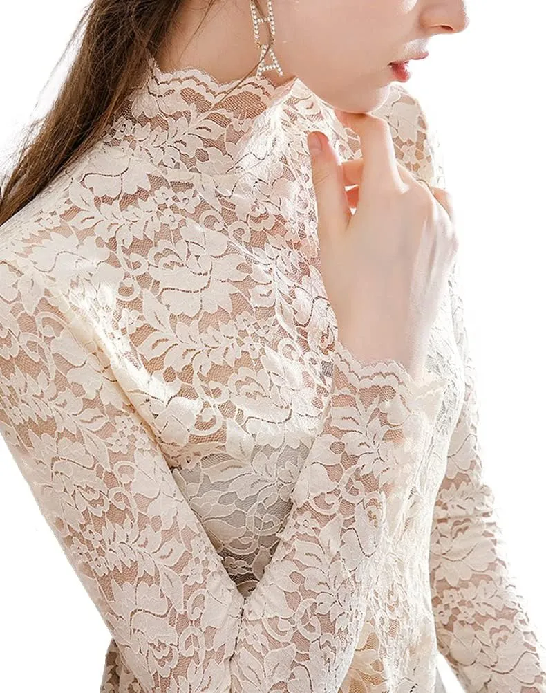 Women Floral Summer Lace Top Eyelash Trim Sexy Long Sleeves Plus Size Casual Dressy Shirt with Camisole Two Piece
