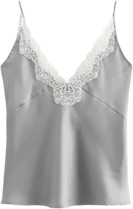 Women Lace Patchwork Base V-Neck Vest Shoulder Strap Adjustable Camisole