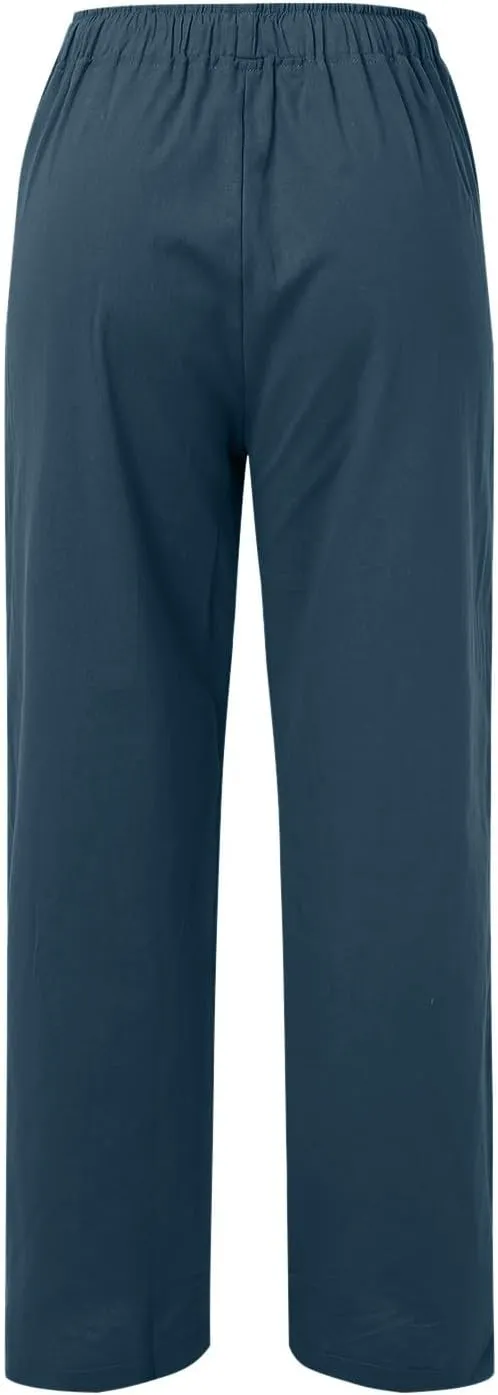 Women Linen Blend Summer Casual Flowy Pants Elastic Waist Wide Leg Loose Fit Trousers Vacation
