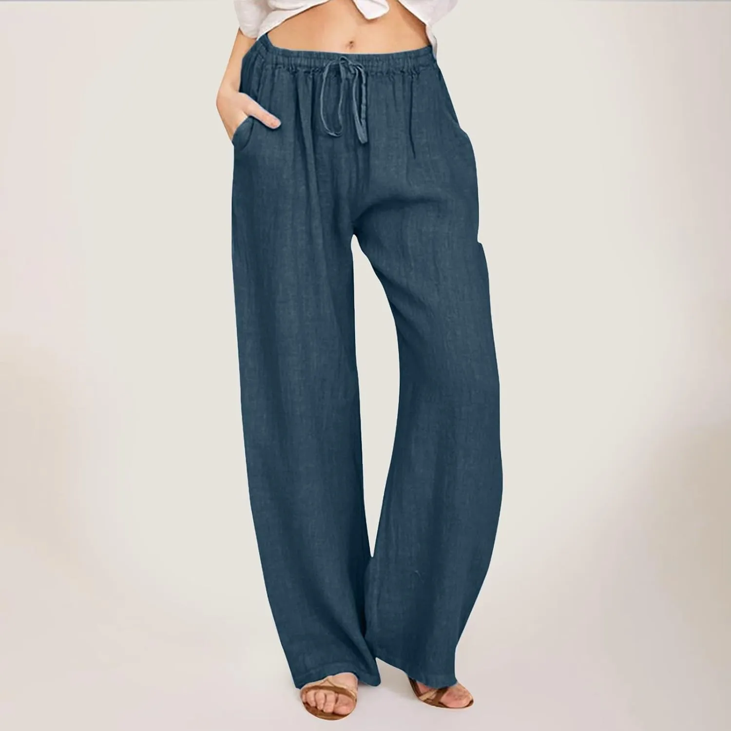 Women Linen Blend Summer Casual Flowy Pants Elastic Waist Wide Leg Loose Fit Trousers Vacation
