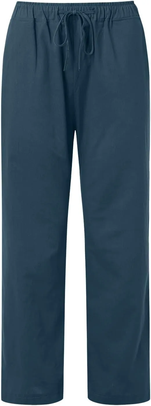 Women Linen Blend Summer Casual Flowy Pants Elastic Waist Wide Leg Loose Fit Trousers Vacation