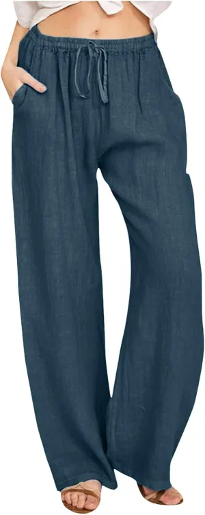 Women Linen Blend Summer Casual Flowy Pants Elastic Waist Wide Leg Loose Fit Trousers Vacation