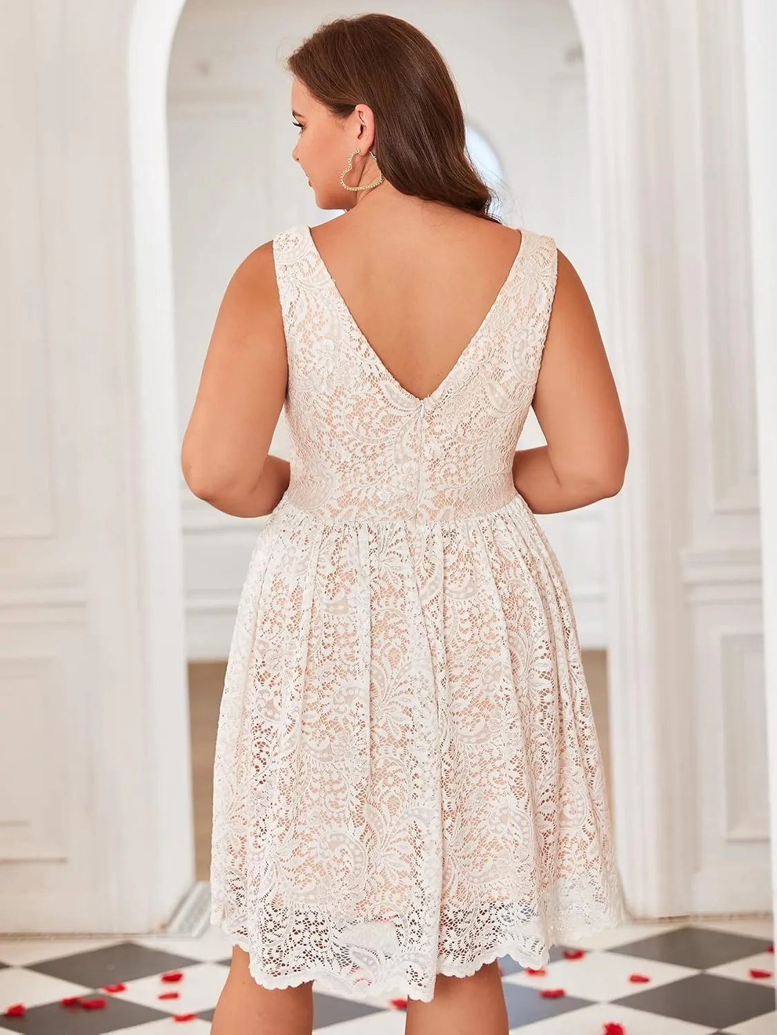 Women Plus Size Floral Lace V-Neck Midi Party Dress