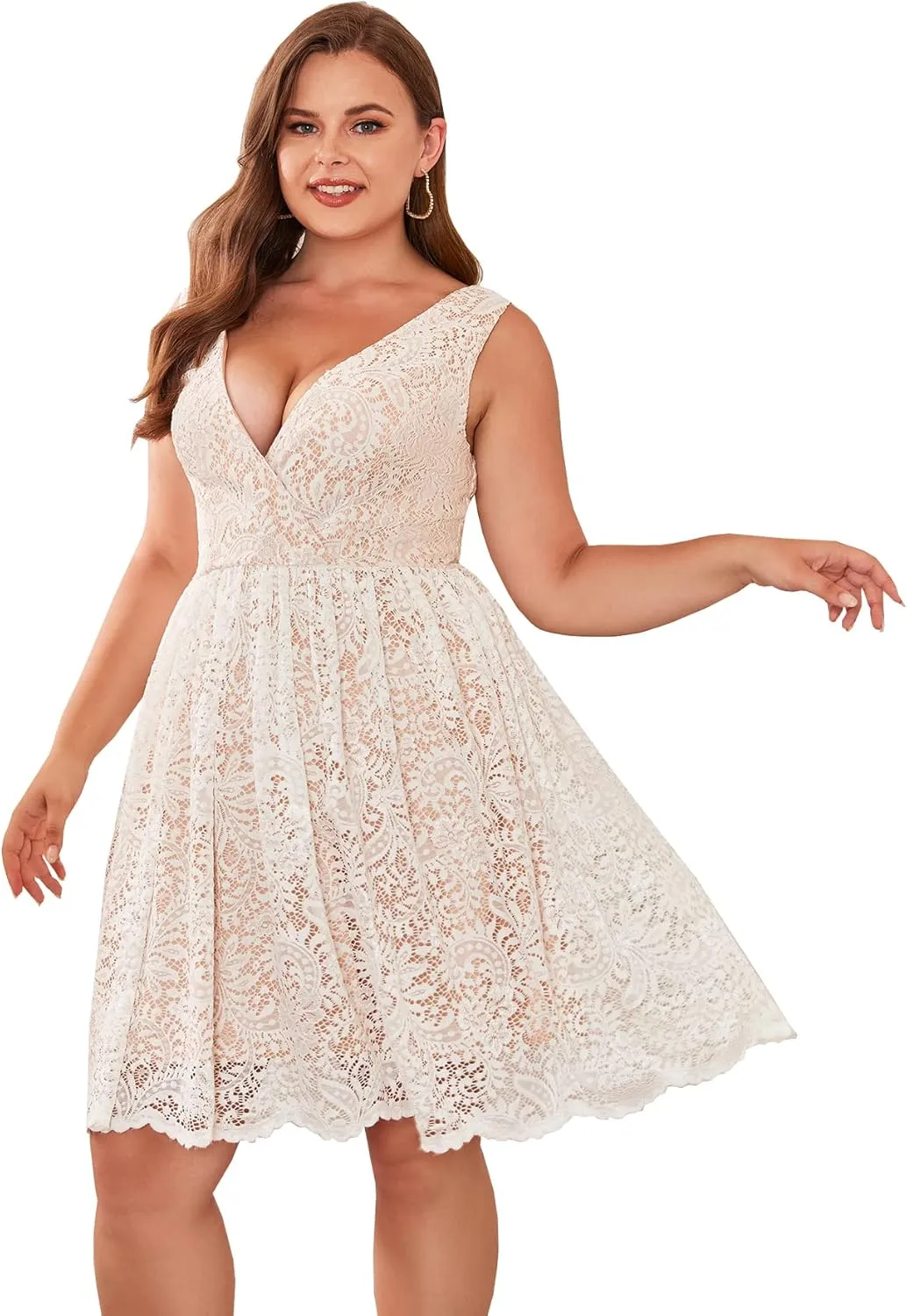 Women Plus Size Floral Lace V-Neck Midi Party Dress