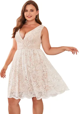 Women Plus Size Floral Lace V-Neck Midi Party Dress