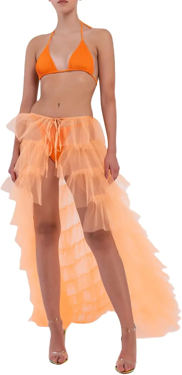 Women Tulle Tutu Long Skirt Victorian Steampunk Bustle Layered Skirt Self-Tied Belt High Low Maxi Prom Party Skirt