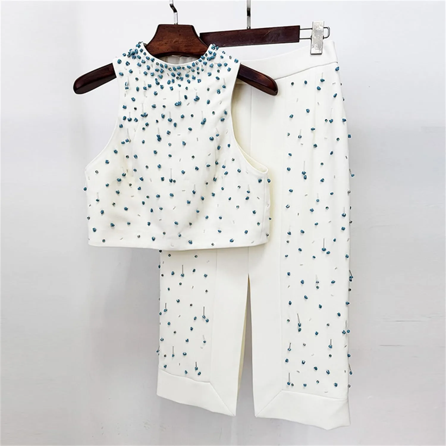 Women's 2025 Designer Suit Set Female Beaded Halter Tops Sexy Work Outfit Split Long Skirt Set 2pcs