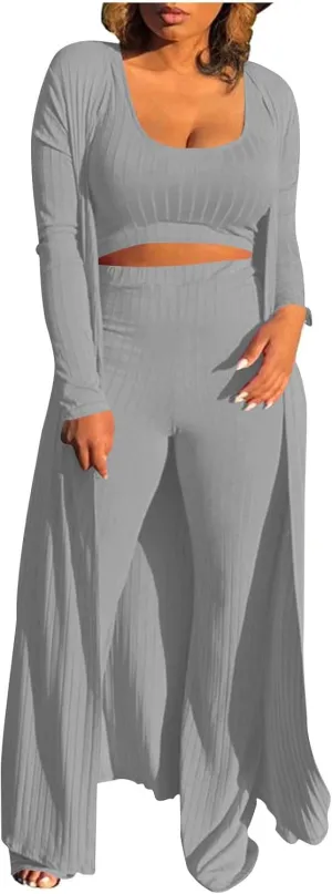 Women's 3 Piece Matching Set Ribbed Knit Lounge Sets Tank Cardigan and High Waist Pants Pajamas Loungewear Outfits