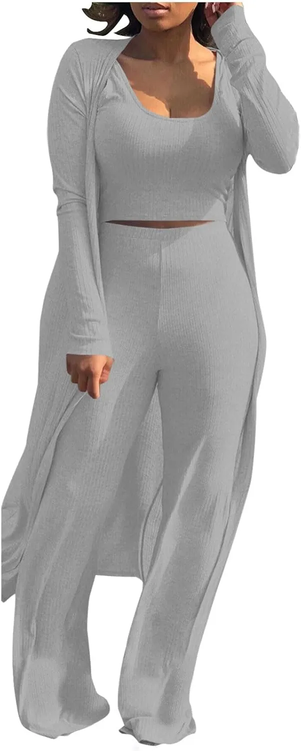Women's 3 Piece Matching Set Ribbed Knit Lounge Sets Tank Cardigan and High Waist Pants Pajamas Loungewear Outfits