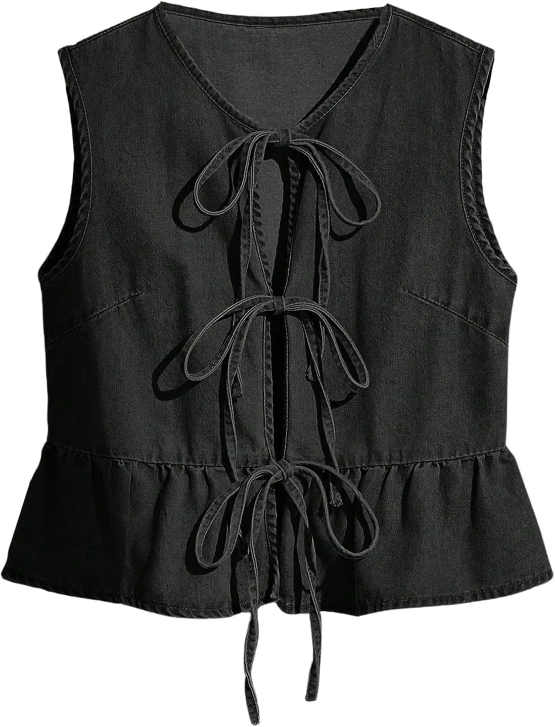 Women's Bow Tie Front Denim Vest Jacket Ruffle Hem Jean Vest Sleeveless Peplum Tank Tops Streetwear