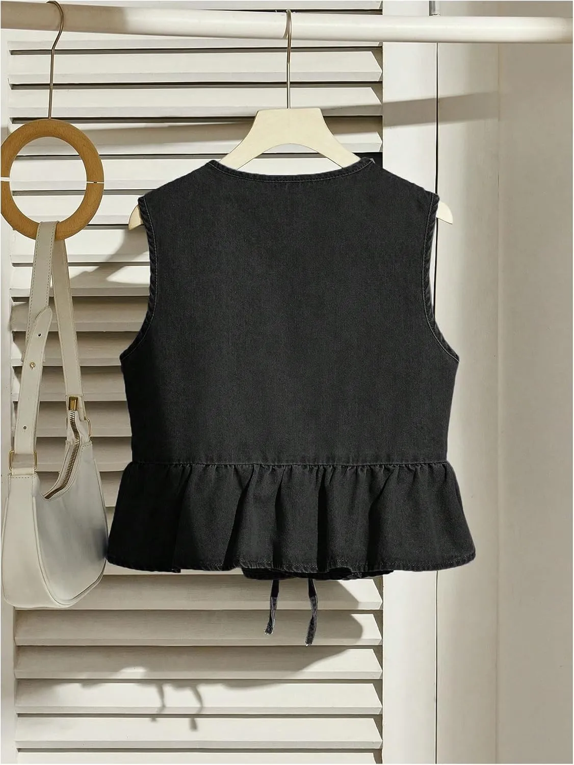 Women's Bow Tie Front Denim Vest Jacket Ruffle Hem Jean Vest Sleeveless Peplum Tank Tops Streetwear