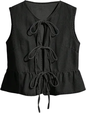 Women's Bow Tie Front Denim Vest Jacket Ruffle Hem Jean Vest Sleeveless Peplum Tank Tops Streetwear