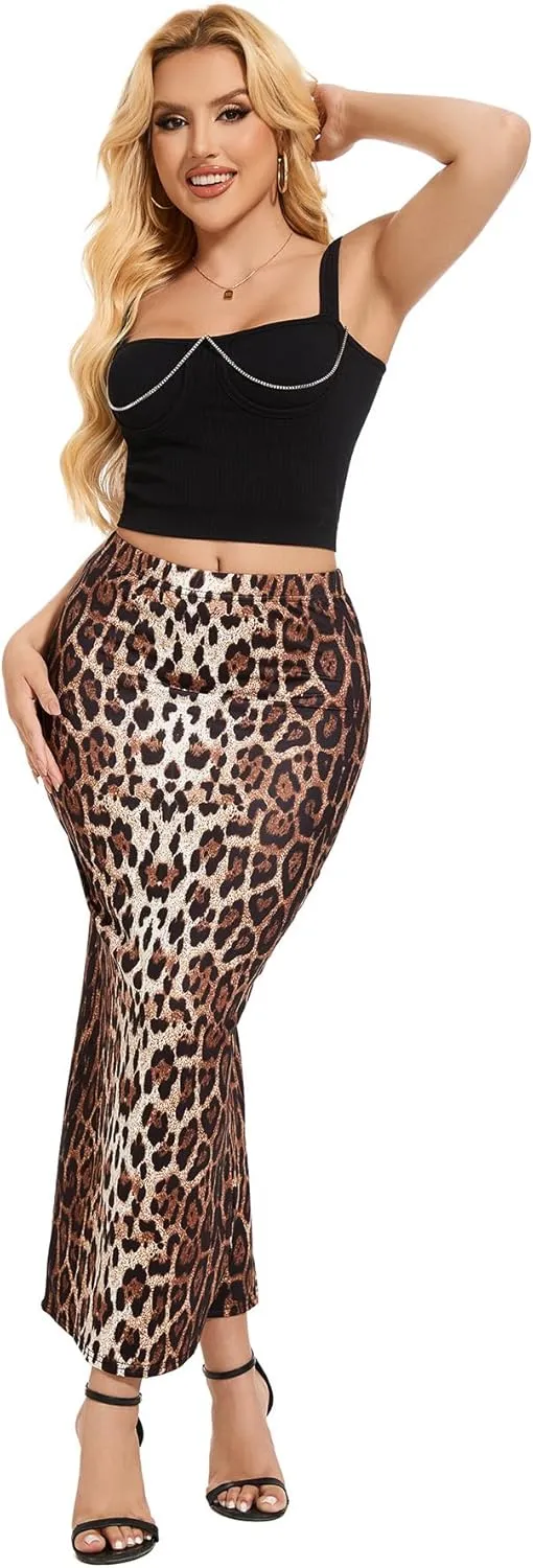 Women's Casual Back Split Maxi Skirts High Waist Leopard Print Bodycon Pencil Long Skirt
