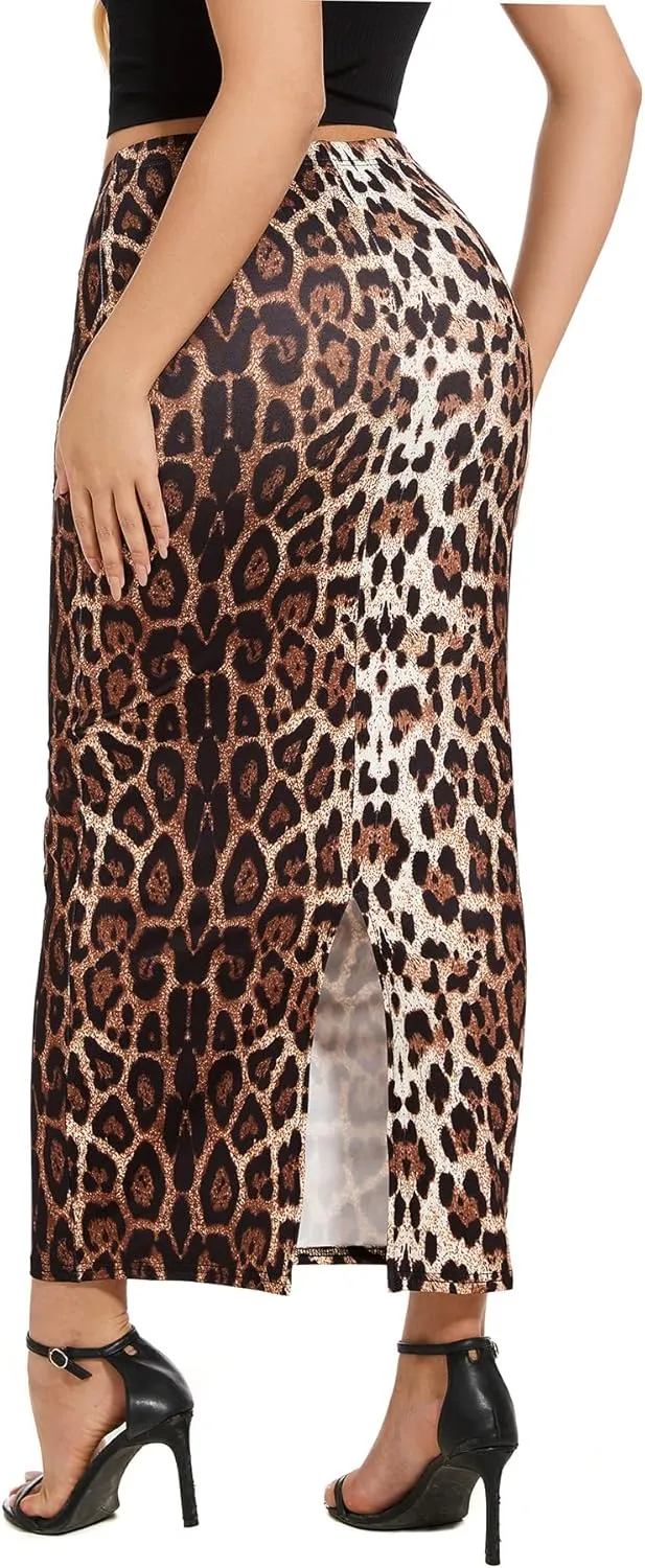Women's Casual Back Split Maxi Skirts High Waist Leopard Print Bodycon Pencil Long Skirt