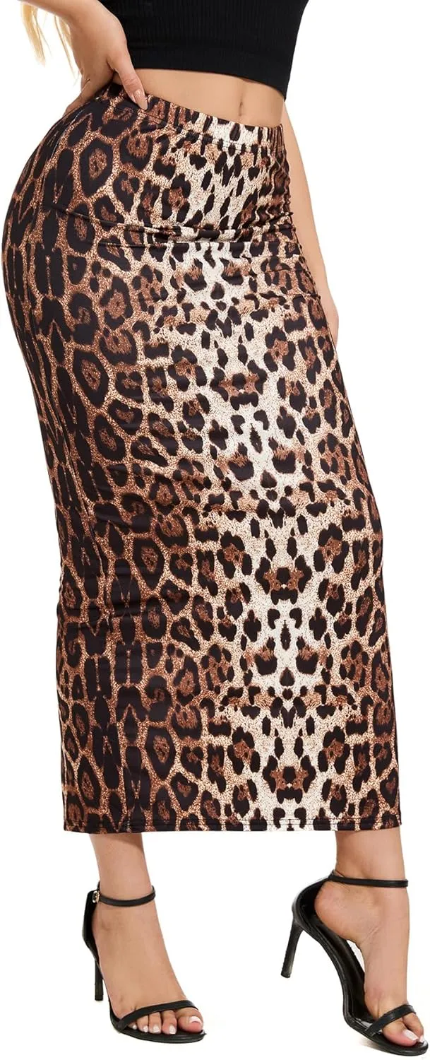 Women's Casual Back Split Maxi Skirts High Waist Leopard Print Bodycon Pencil Long Skirt