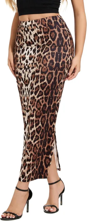 Women's Casual Back Split Maxi Skirts High Waist Leopard Print Bodycon Pencil Long Skirt