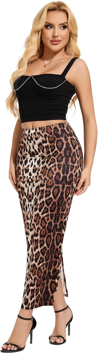 Women's Casual Back Split Maxi Skirts High Waist Leopard Print Bodycon Pencil Long Skirt
