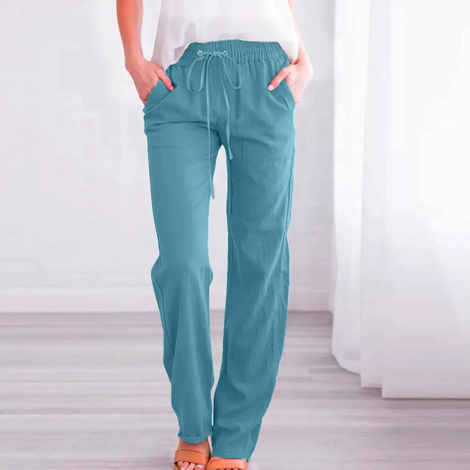 Womens Casual Cotton Linen Pants Lightweight Elastic Waist Pant Summer Fall Lounge Plain Drawstring Trousers, Large
