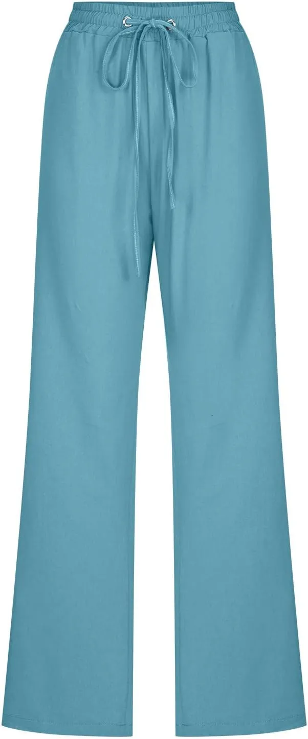 Womens Casual Cotton Linen Pants Lightweight Elastic Waist Pant Summer Fall Lounge Plain Drawstring Trousers, Large